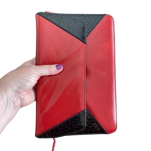 Bill Valentine red leather clutch purse retro black moc croc trim shoulder bag - Picture 10 of 12